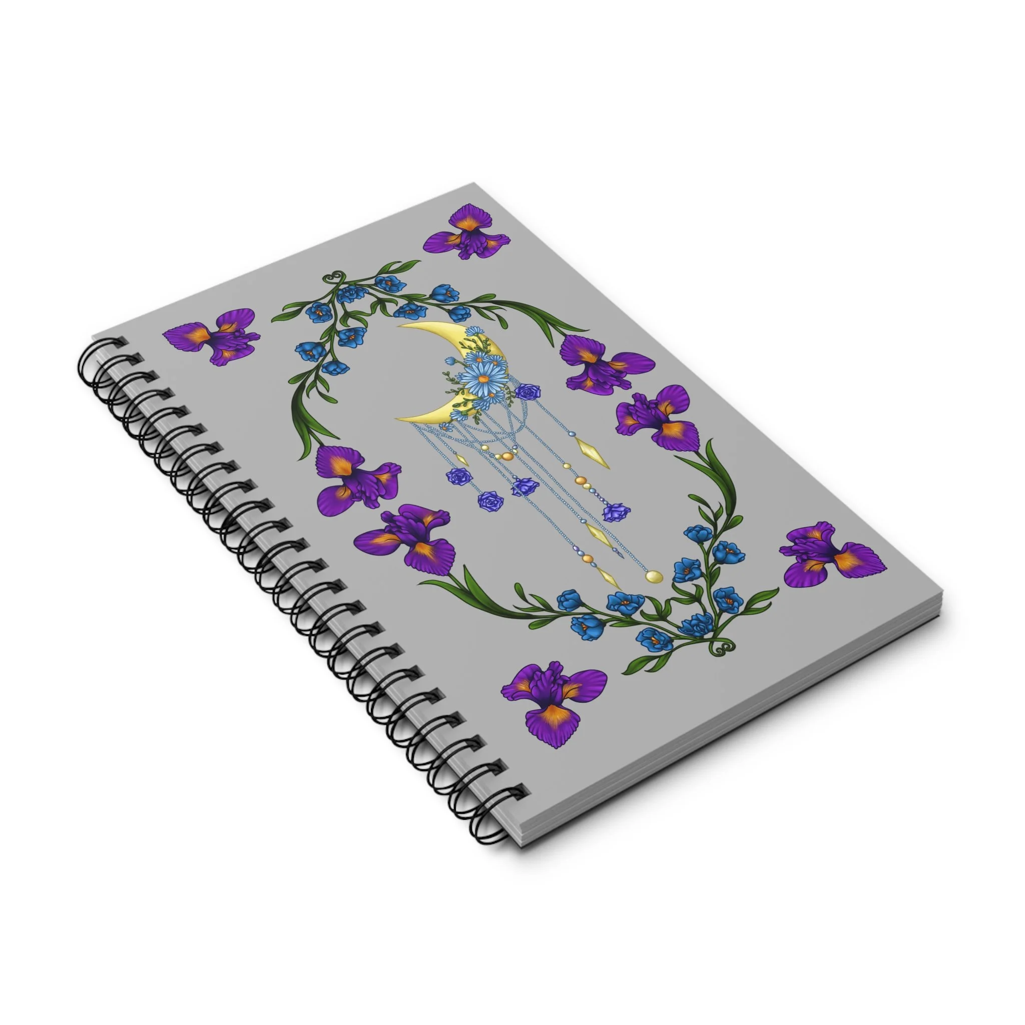 Crescent moon Dutch iris spiral notebook celestial floral journal ruled pages wire-o binding purple blue flowers Starlight Falls Studio Haarlem Netherlands art. angeled