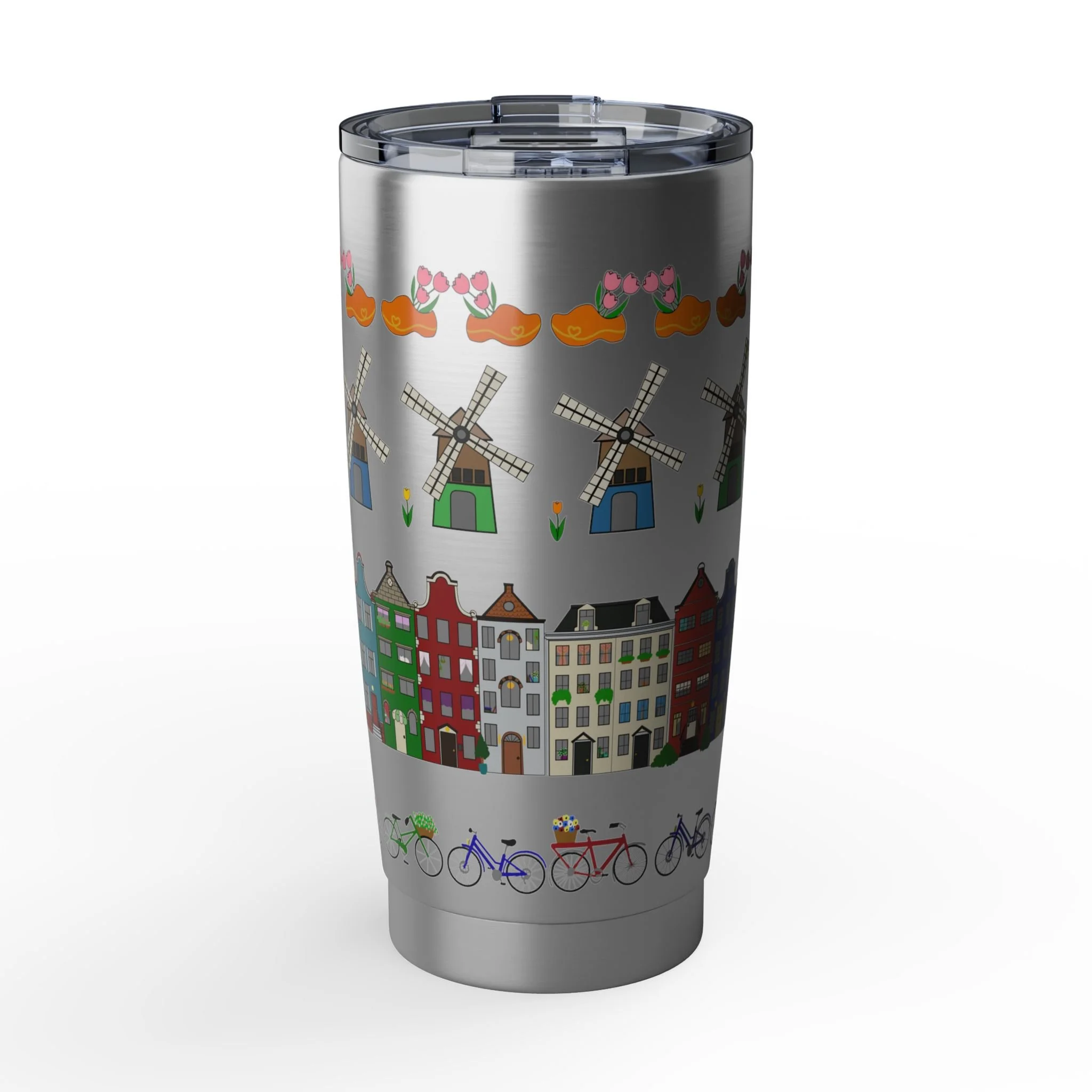Dutch pattern insulated tumbler 20oz stainless steel travel mug canal houses windmills bicycles tulips double-wall vacuum Netherlands Starlight Falls Studio Haarlem