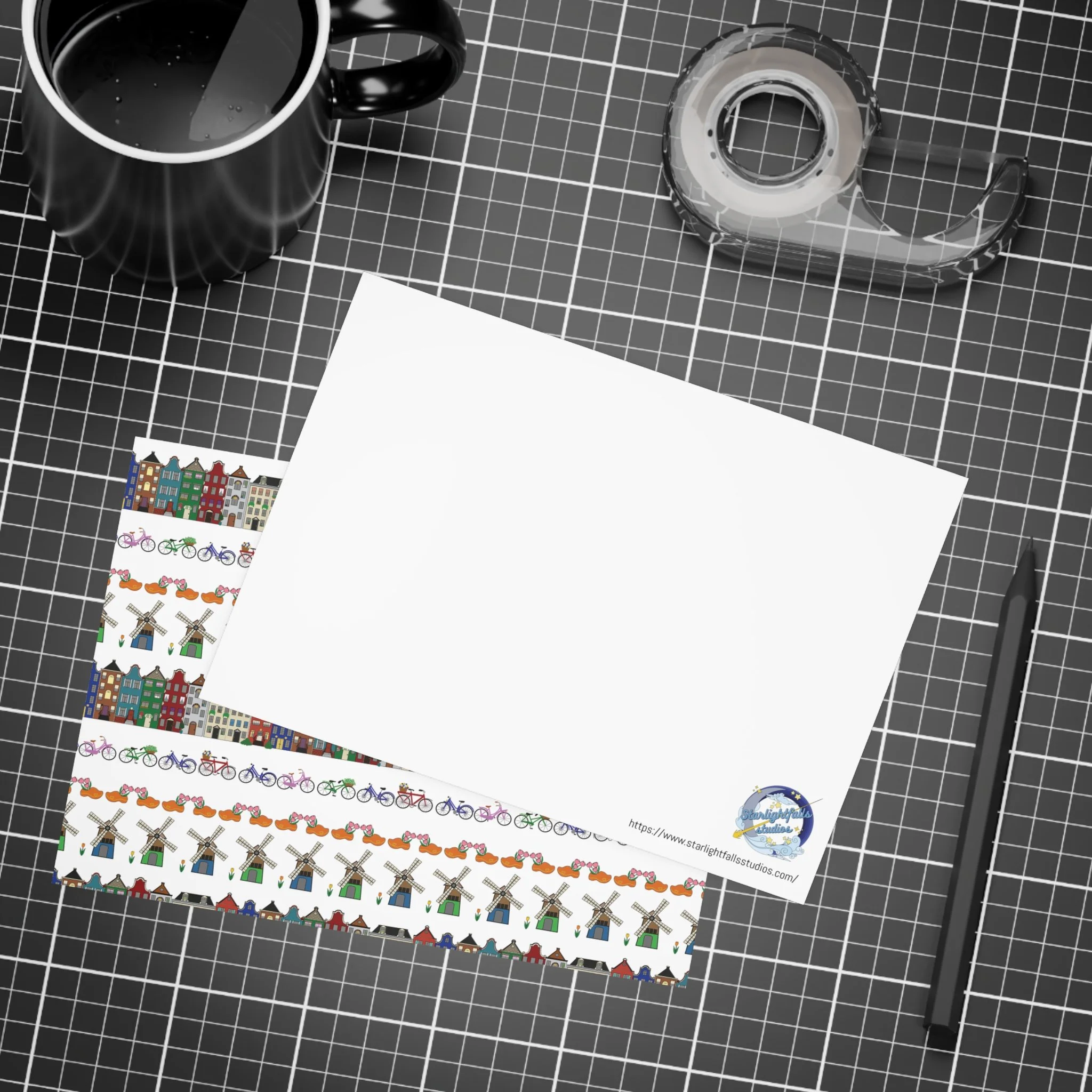 Dutch pattern notecard set canal houses windmills bicycles Netherlands design Haarlem