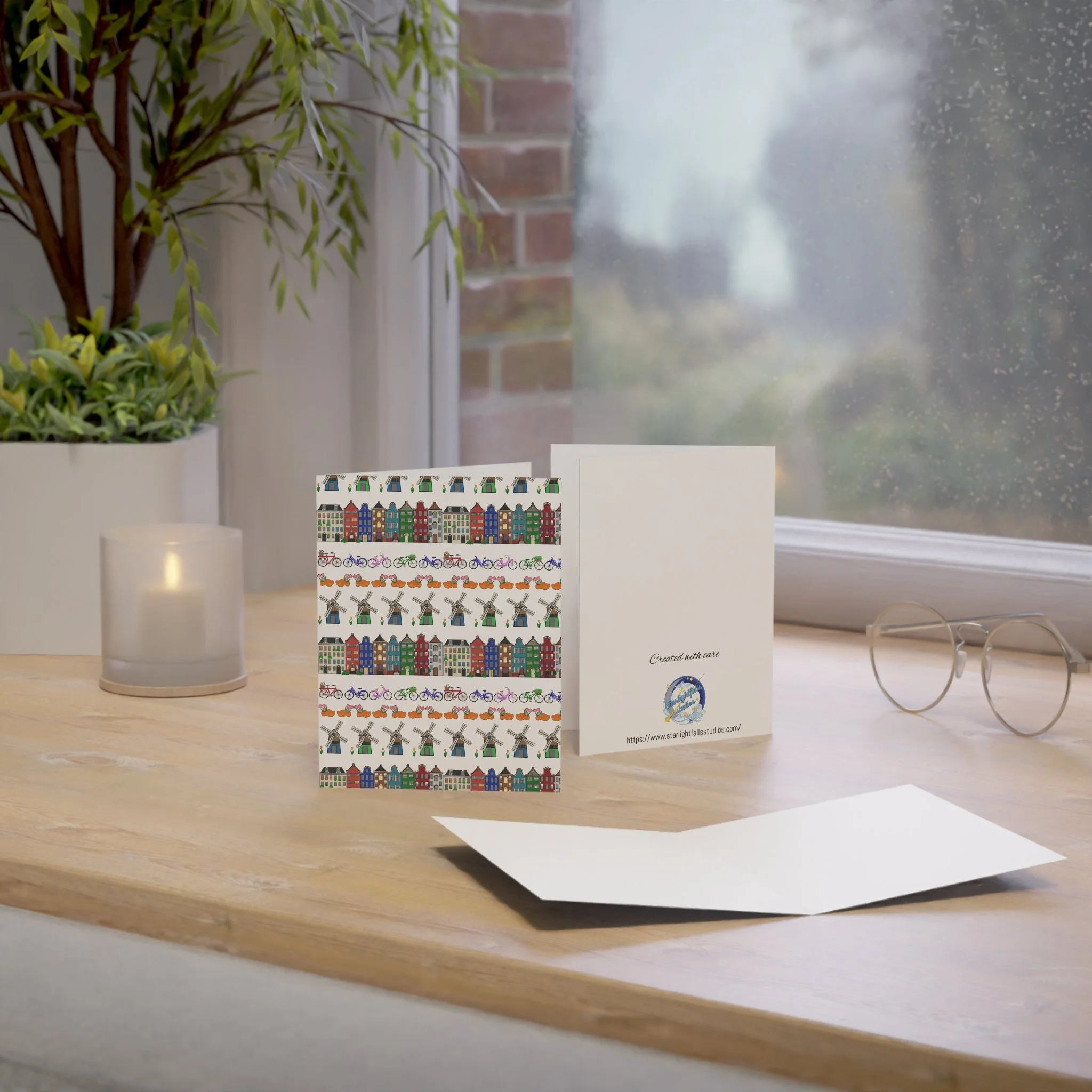 Dutch pattern greeting card canal houses windmills bicycles Netherlands design Haarlem envelope included