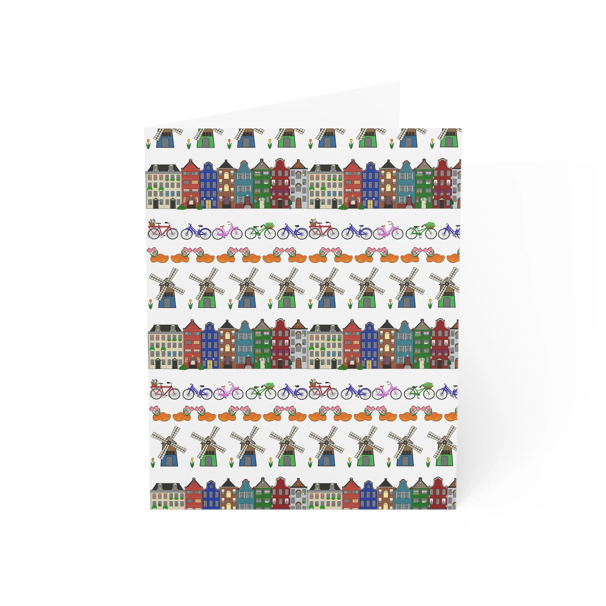 Dutch pattern greeting card canal houses windmills bicycles Netherlands design Haarlem envelope included
