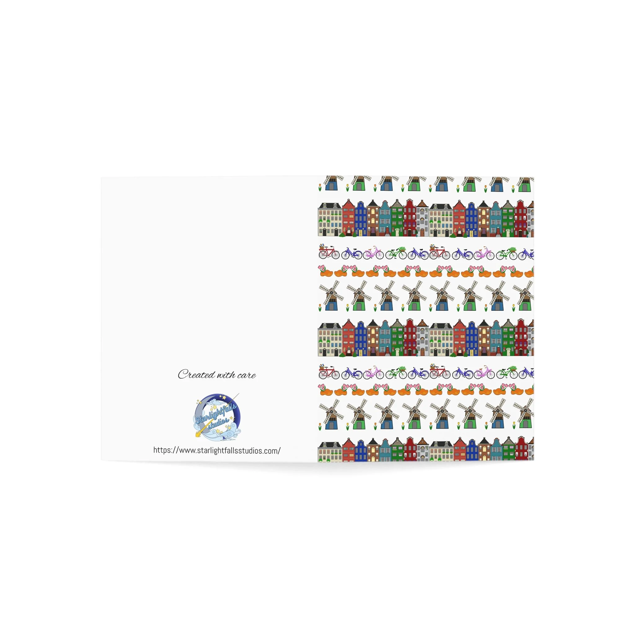 Dutch pattern greeting card canal houses windmills bicycles Netherlands design Haarlem envelope included