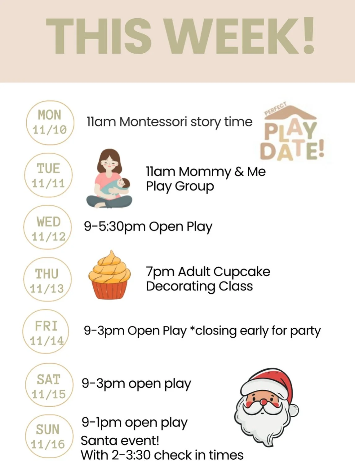 Here&rsquo;s what&rsquo;s happening this week at Perfect Playdate! ☕️🎨🎅🏻

From story time and Mom groups to cupcakes and Santa, there&rsquo;s something for everyone!

✨ Save your spot in the app!