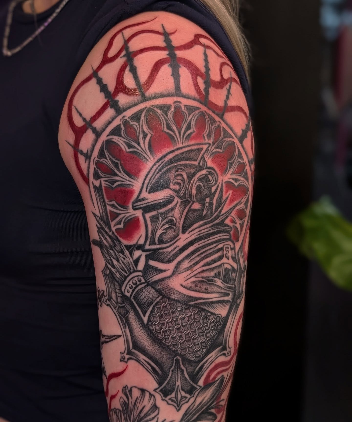 Been chipping away at this sleeve for Korey! Absolutely love doing black and red tattoos! ❤️&zwj;🔥