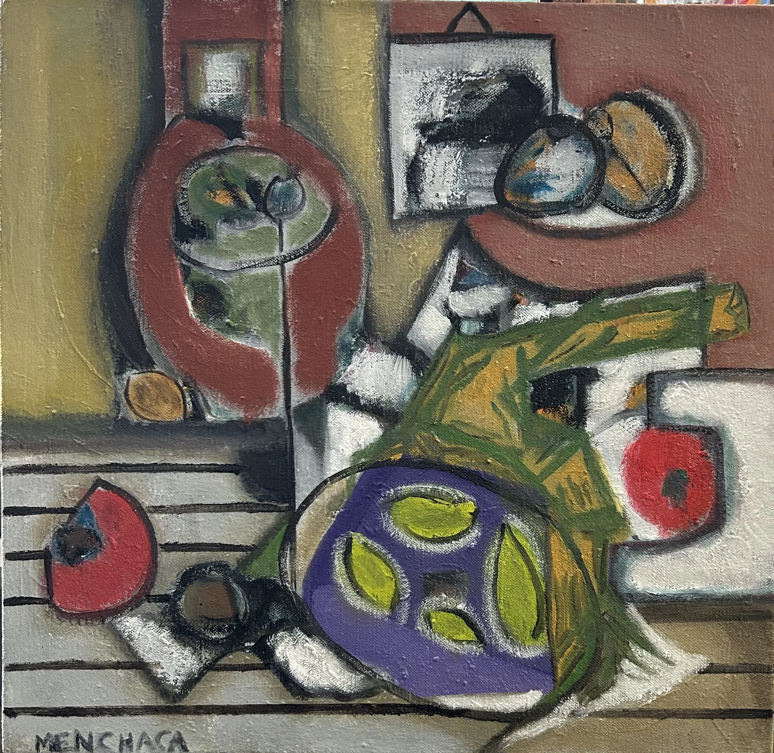 Still Life with Abstract Painting, Oil on jute, 29x28, 2025.
