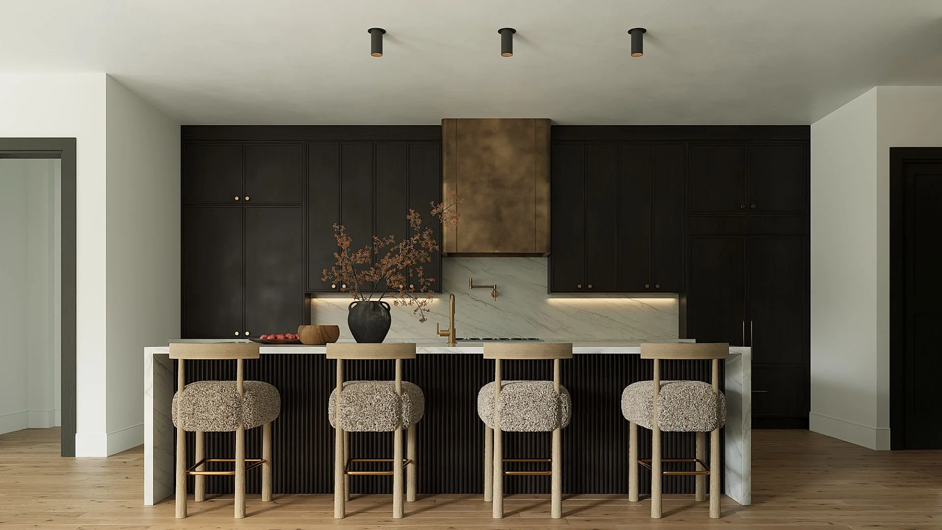 modern scottsdale kitchen remodel with black cabinetry, marble island, and brass accents