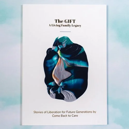 Book cover titled 'The Gift: A Living Family Legacy' with a colorful abstract design of a person on a white background.
