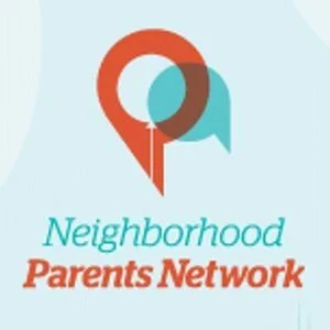 Logo for Neighborhood Parents Network featuring a stylized location pin and speech bubble in red, teal, and brown with the organization's name.