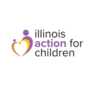 Logo for Illinois Action for Children with a stylized purple and yellow heart and figures, and the organization name.