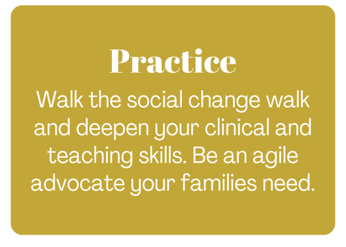 A gold-colored sign with the word Practice at the top. The sign encourages walking the social change walk and deepening clinical and teaching skills, advocating for families.