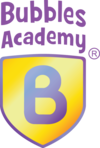 Logo of Bubbles Academy with Purple background with a yellow shield-shaped emblem featuring a blue letter 'B'.