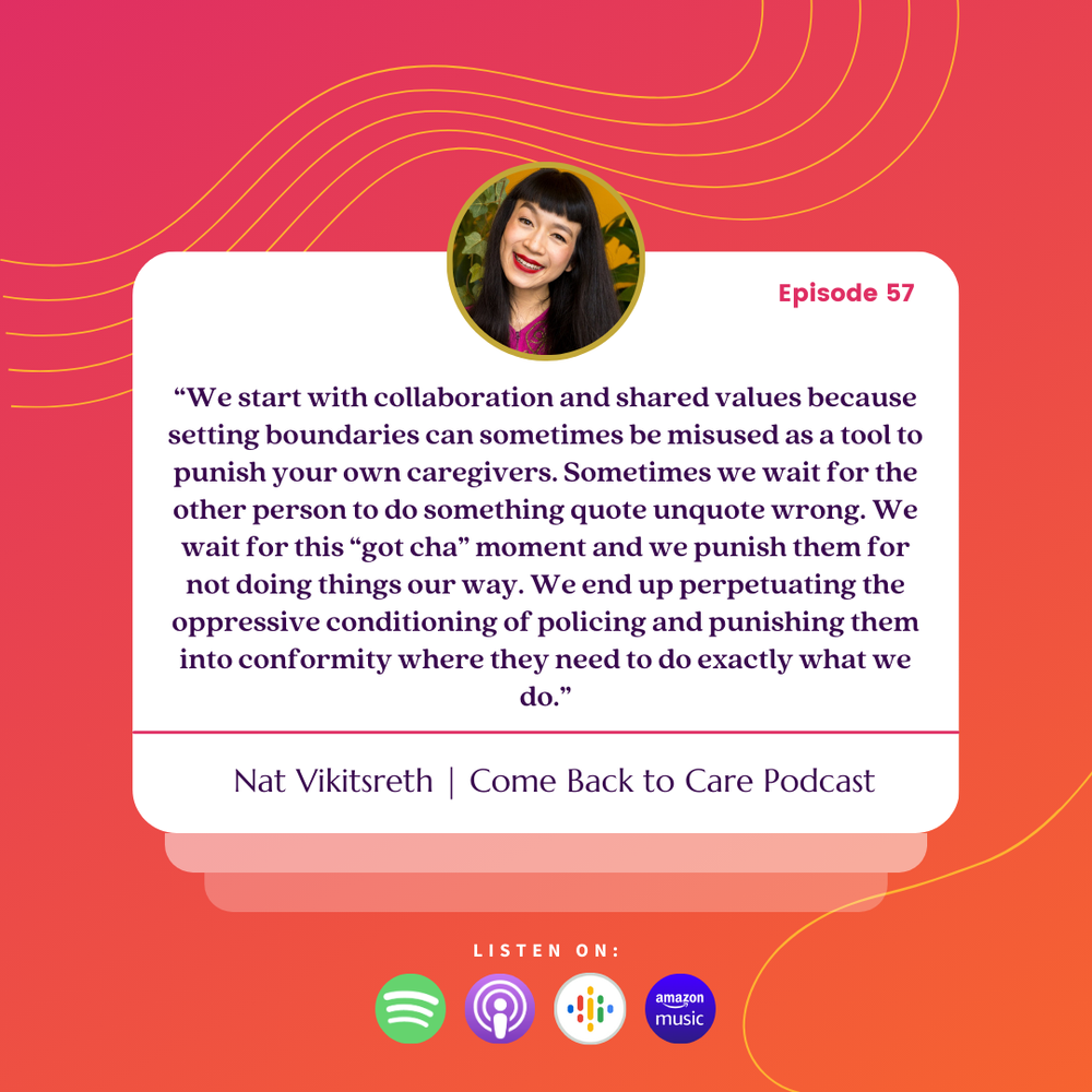 A podcast promotional graphic with a pink and orange gradient background featuring a quote from Nat Vikitsreht, about collaboration and shared values in caregiving, with an image of Nat at the top, and icons for listening on Spotify, Apple Podcasts, Google Podcasts, and Amazon Music at the bottom.