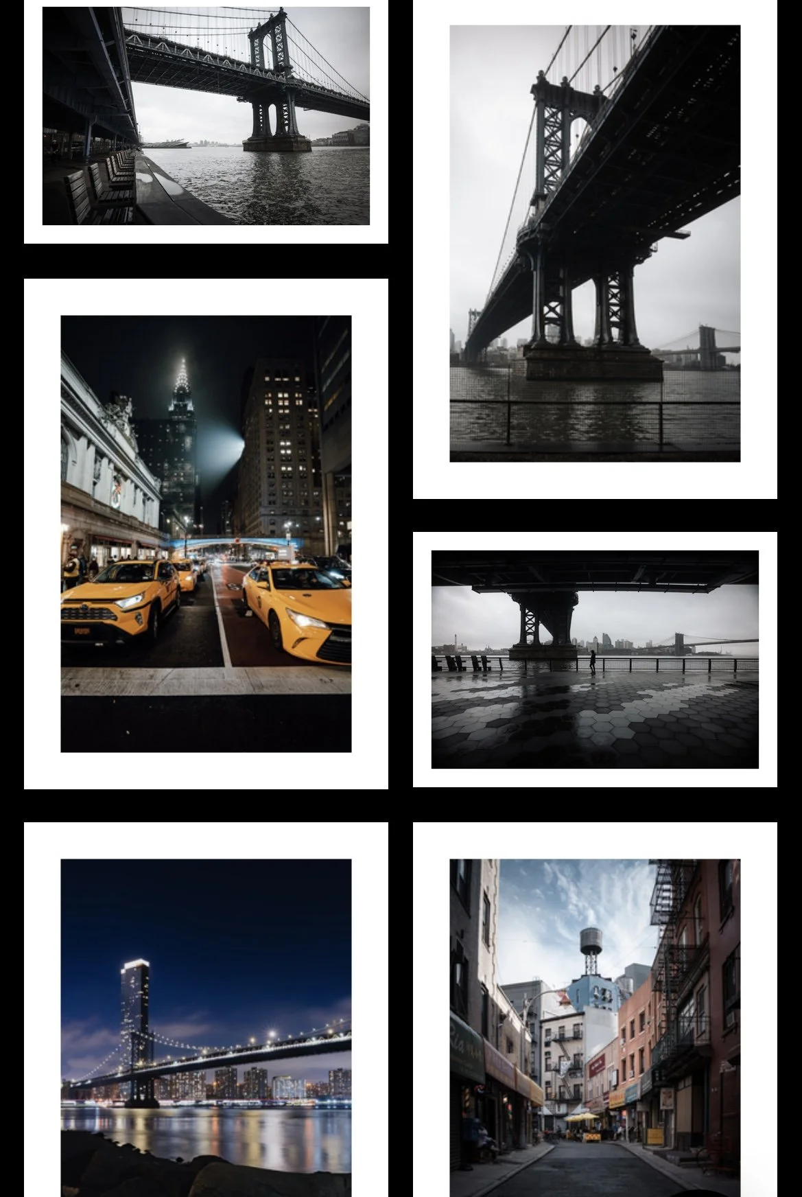 Collection of six cityscapes featuring bridges, buildings, and streets in New York City at different times of day and night.