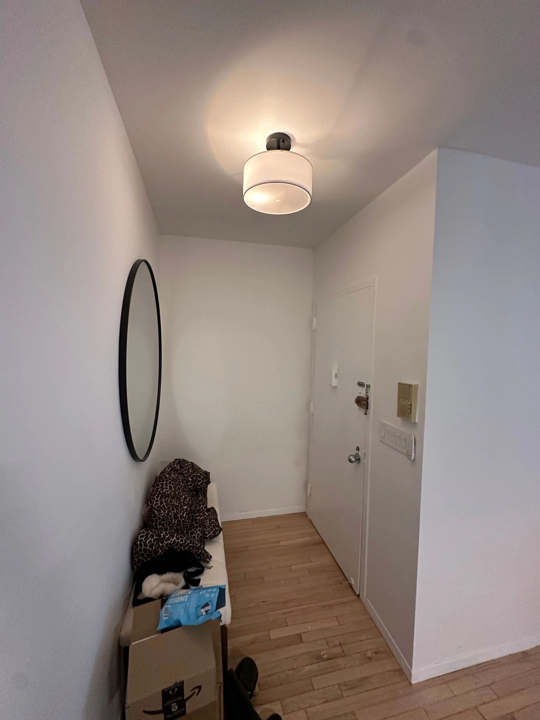 A small entryway with a white door, a round mirror on the left wall, a ceiling light fixture, a small bench with leopard print pillows and stuffed animals, a cardboard box, and a bag on the floor.