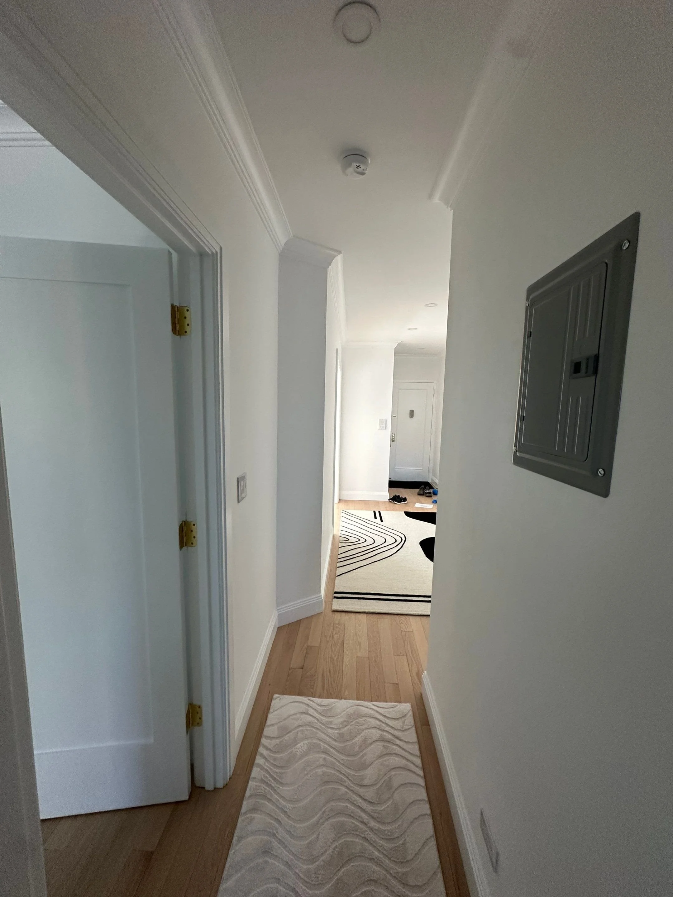 A hallway with wood flooring, white walls, and baseboards, leading to a front door, with a rug and wall-mounted electrical panel.