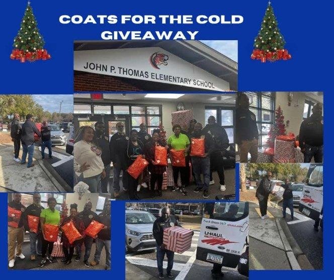 Photographs of a school called John P. Thomas Elementary School with people participating in a coats for the cold giveaway, some holding wrapped presents. Images show people in parking lots and inside the school, engaging in distributing coats and gifts.