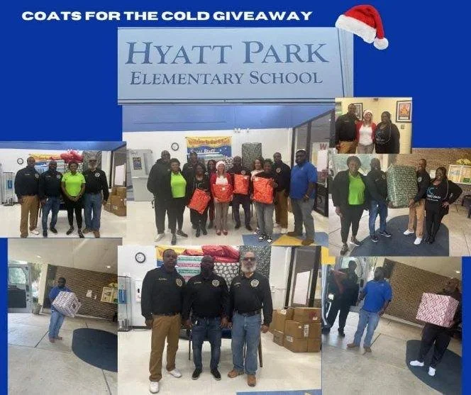 Group of people at Hyatt Park Elementary School participating in a cold giveaway event, receiving coats and gifts.