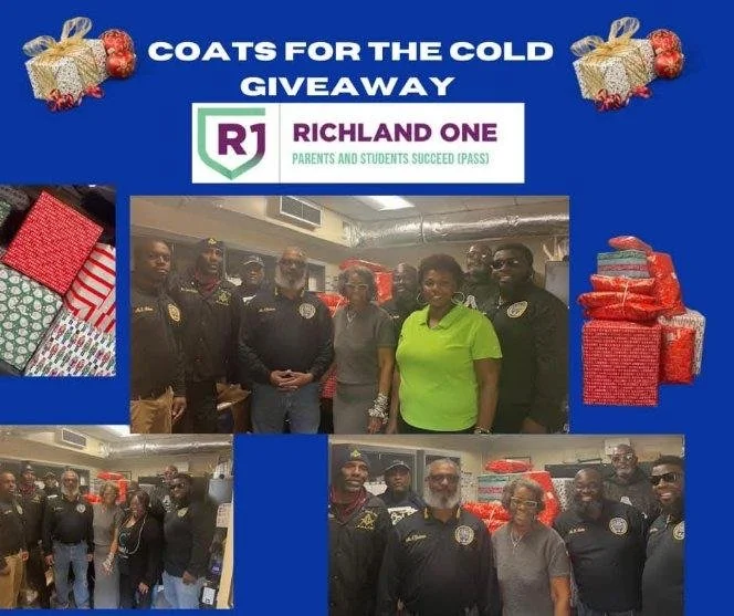 A promotional graphic for a holiday giveaway event titled 'Coats for the Cold' featuring the Richland One school district logo and photos of groups of people, including police officers and community members, in a room decorated with wrapped Christmas gifts.
