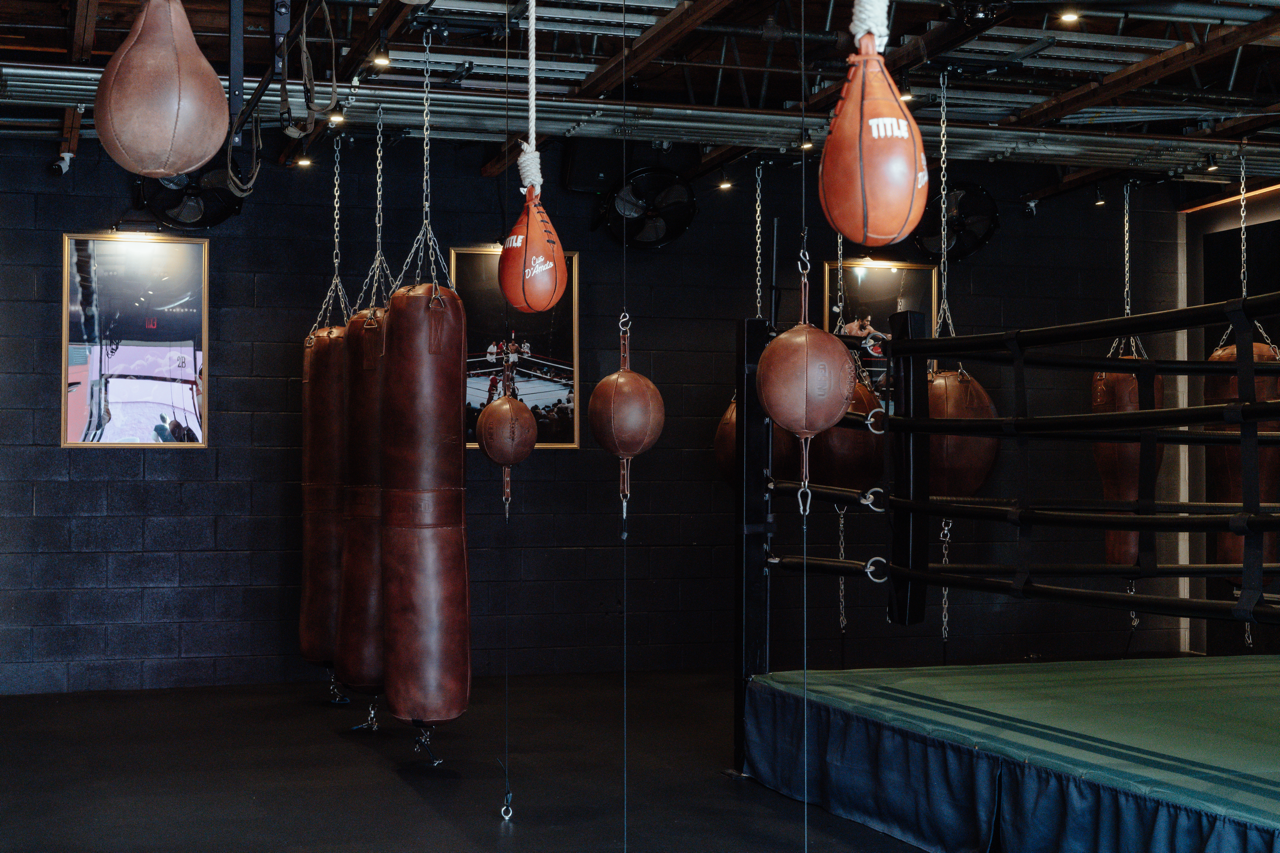 A boxing gym with hanging leather punching bags and speed bags, a boxing ring on the right, and framed pictures on the dark wall.
