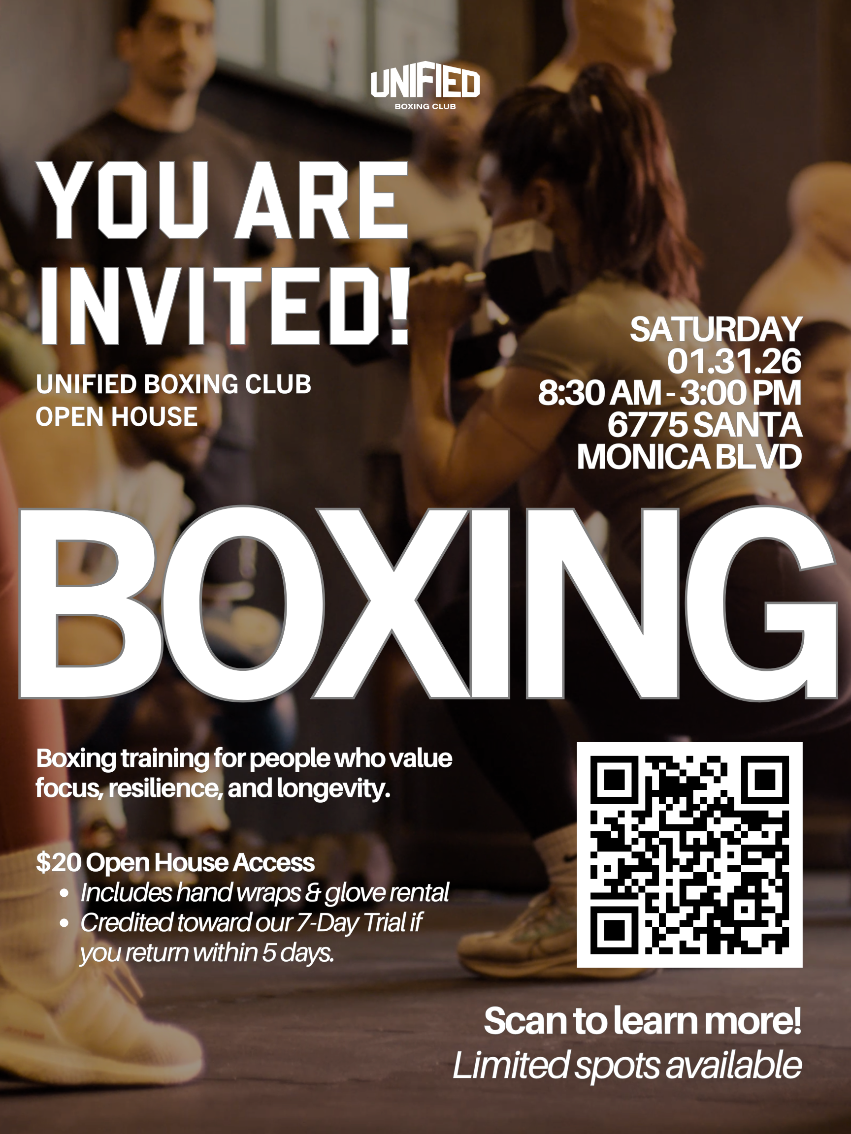 Flyer for an open house at a boxing club with people wearing masks, promoting boxing training emphasizing focus, resilience, and longevity. It includes the event date, time, location, cost, and a QR code.