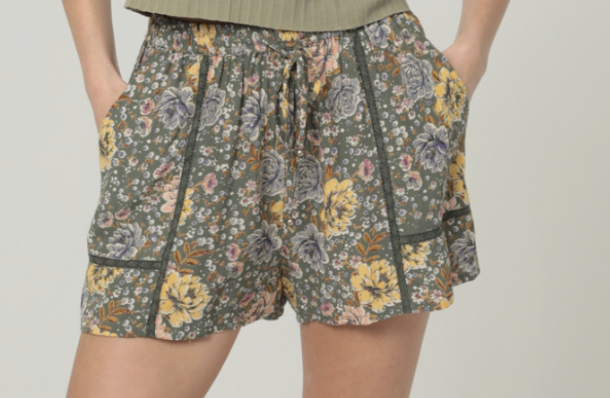 Angie Olive Crochet-Detail Drawstring Shorts