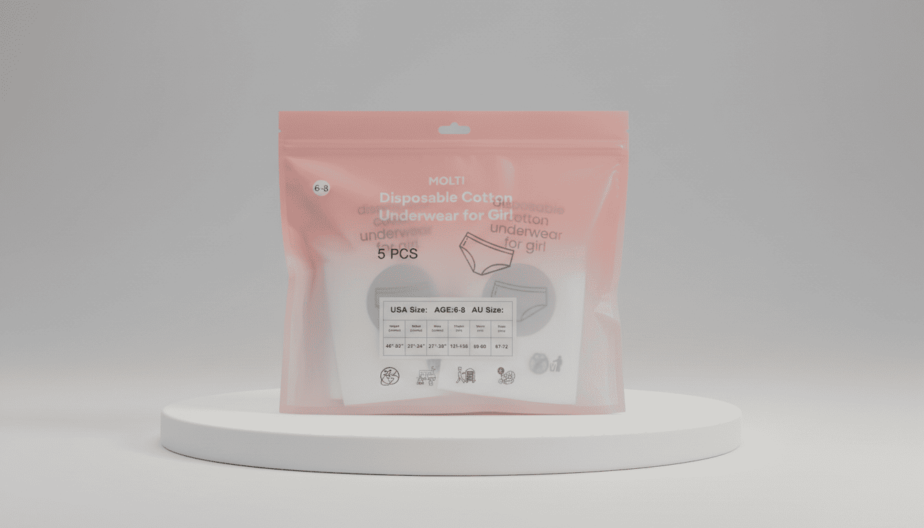 Packaging of disposable cotton underwear for girls, containing 5 pieces.