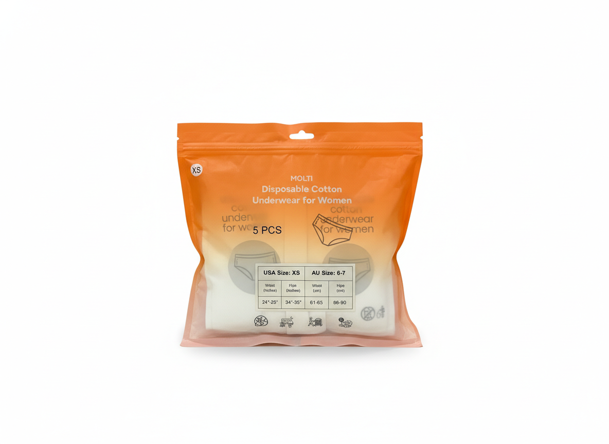 Package of disposable cotton underwear for women, with 5 pieces.