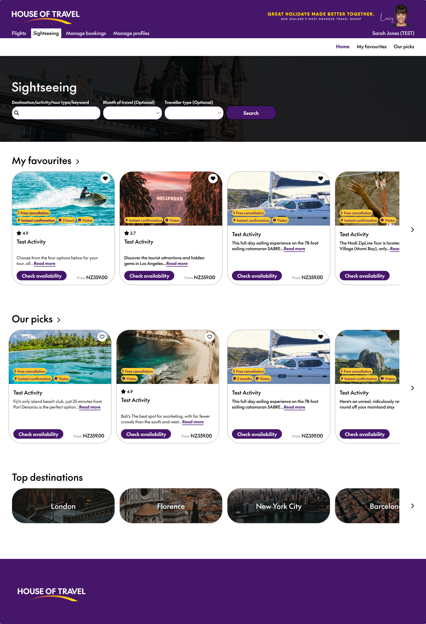Landing page design concept for activity booking tool