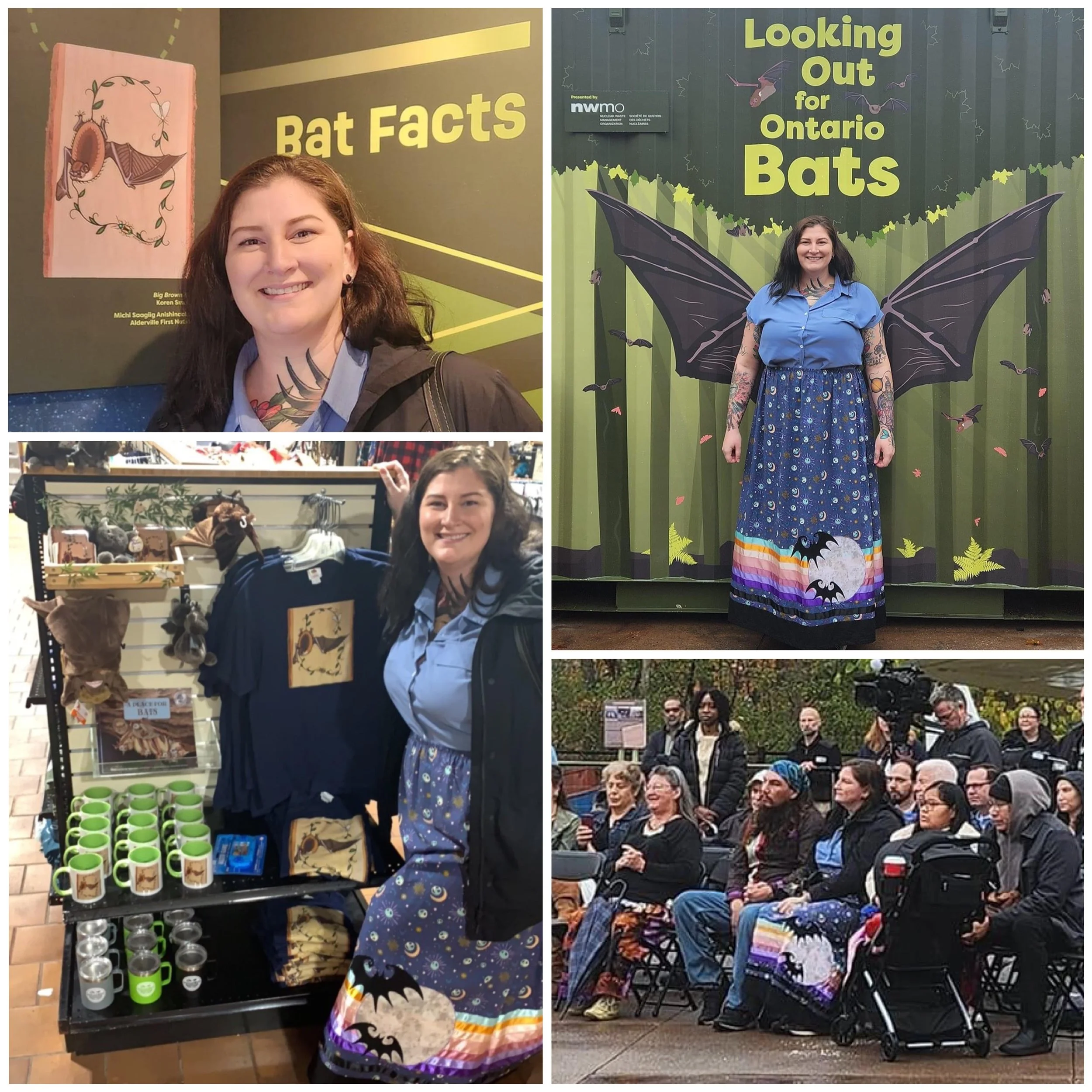 Ontario Bat Educational Exhibit, Toronto, ON — October 26, 2023. Koren was selected as one of nine Indigenous artists from across Ontario to create an artwork representing an endangered bat species. Her piece is also featured on select merchandise av
