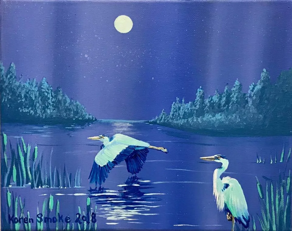 Heron Clan 2018, acrylic on canvas. Copyright Koren Smoke