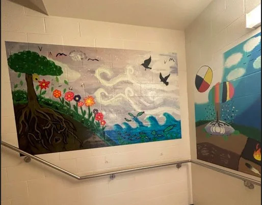 Murals created by students at Duke Public School in Bowmanville, Ontario, inspired by the Anishinaabe teachings of the seasons. Each piece reflects the students’ interpretations and creative responses after receiving these teachings, resulting in a v