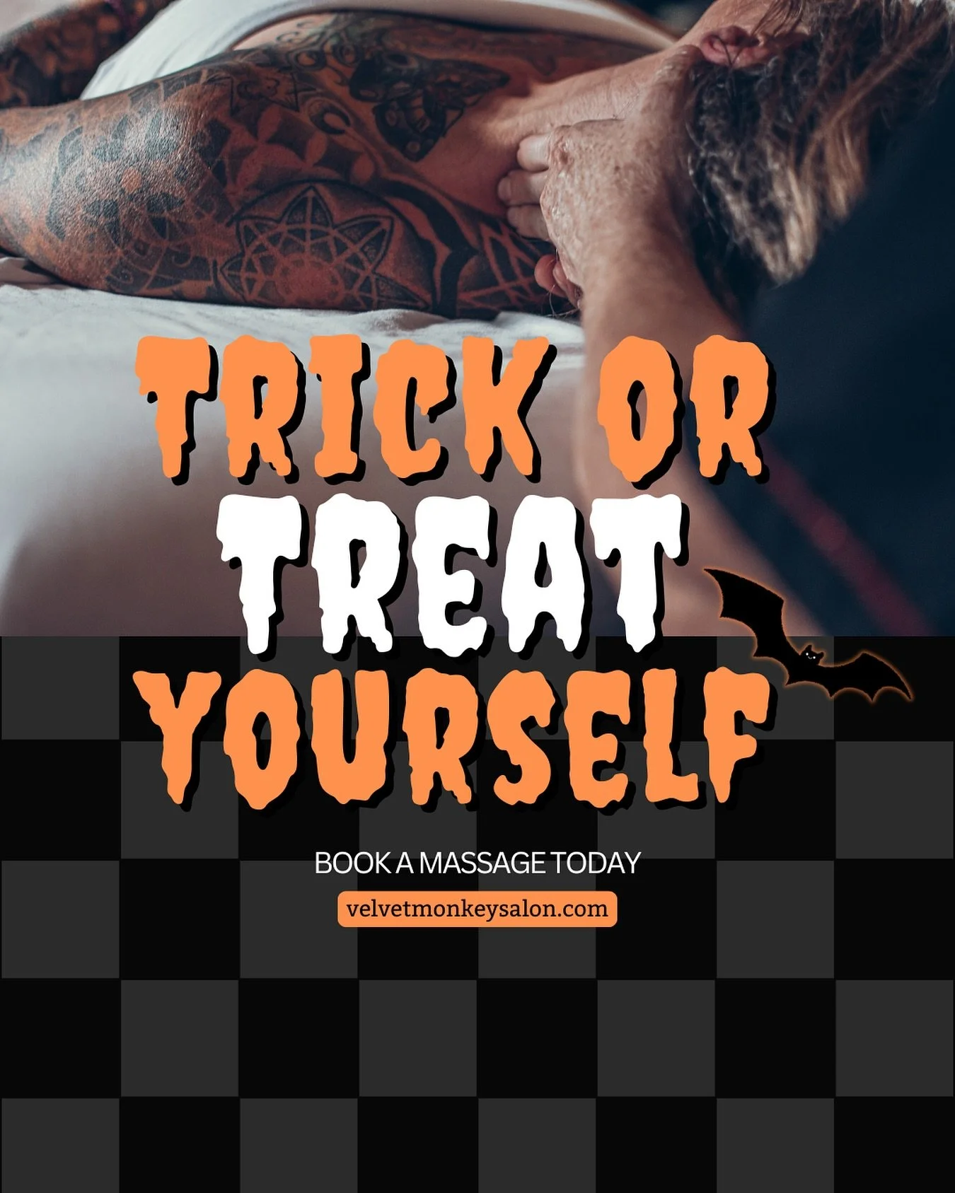 Take a break from the chaos and treat yourself this spooky season with a massage from Laura H 🦇

Book your next massage at velvetmonkeysalon.com or call us at 404.879.1002 🧡
&bull;
&bull;
&bull;
&bull;
&bull;
&bull;
#trickortreat #okcmassage #oklah