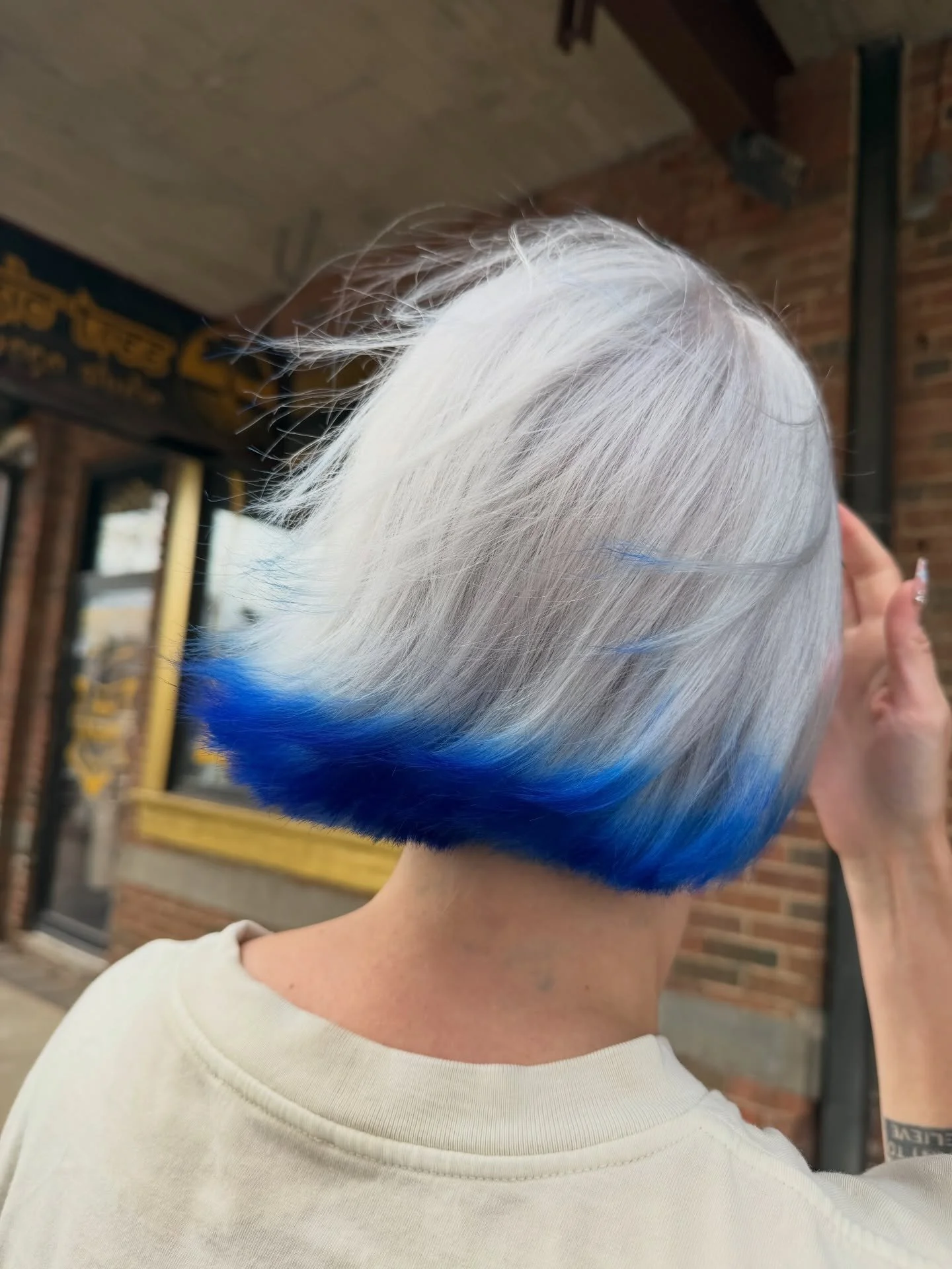 AI hair without the AI 🤖 

Fantasy color by @tkhairdesigns 

.
.
.
.
.
#dipdye #blondeandblue #platinumblonde #velvetmonkeyplaza #fyp
