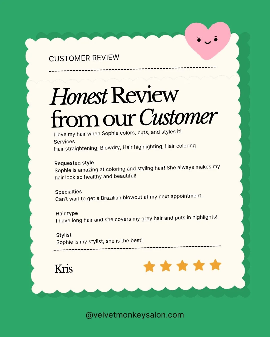 Happy reviews from happy customers 💚🩷

.
.
.
.
.
#clientfeedback #velvetmonkeysalons #velvetmonkeyplaza #plazadistrictokc #okchair