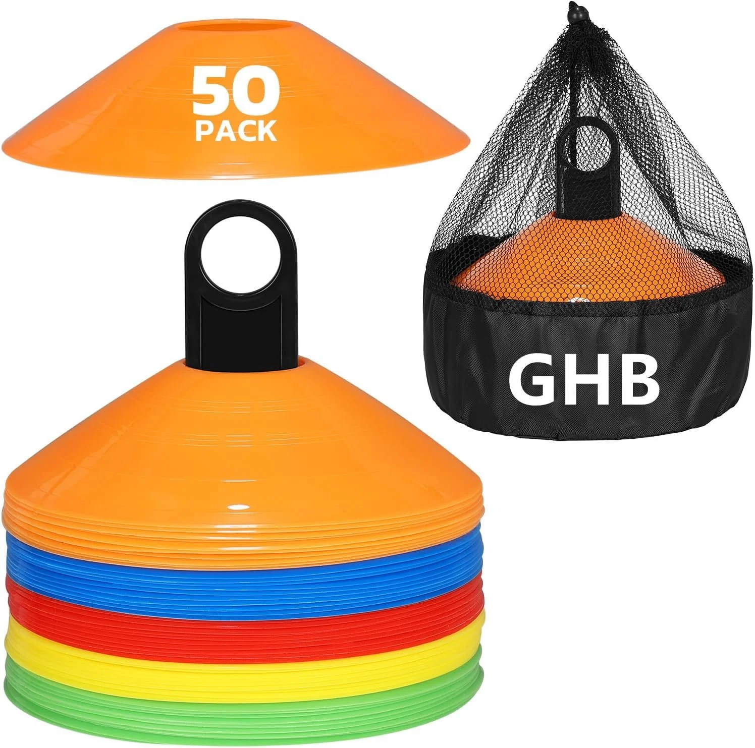 GHB Disc Cones (50-Pack) | Why I like it: Versatile cone set with holder & carry bag—perfect for drills, footwork, and setting up quick agility stations.
