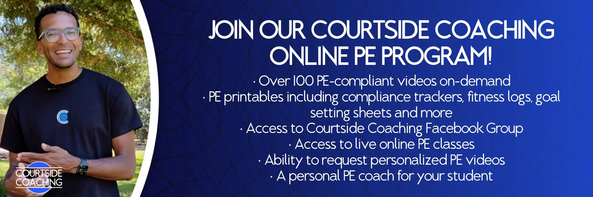 Courtside Coaching founder in a black CC t-shirt smiling in front of trees, promoting the Courtside Coaching Online PE Program with over 100 on-demand PE videos, printables, and live classes.