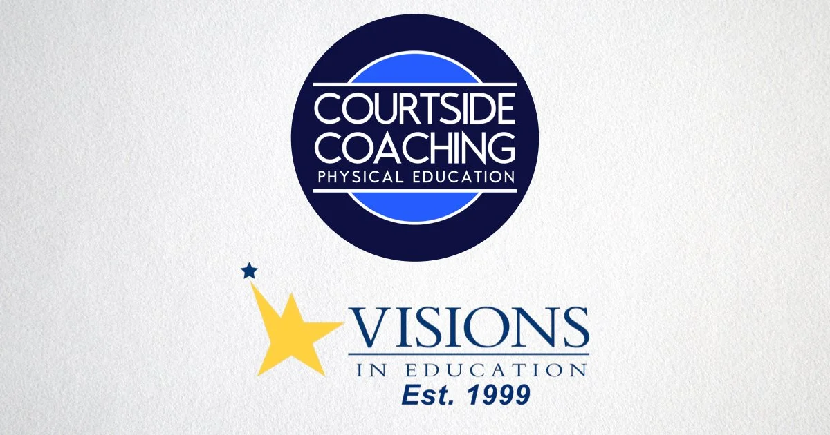 Courtside Coaching Physical Education logo alongside the Visions in Education logo, representing their partnership as an approved homeschool PE vendor.