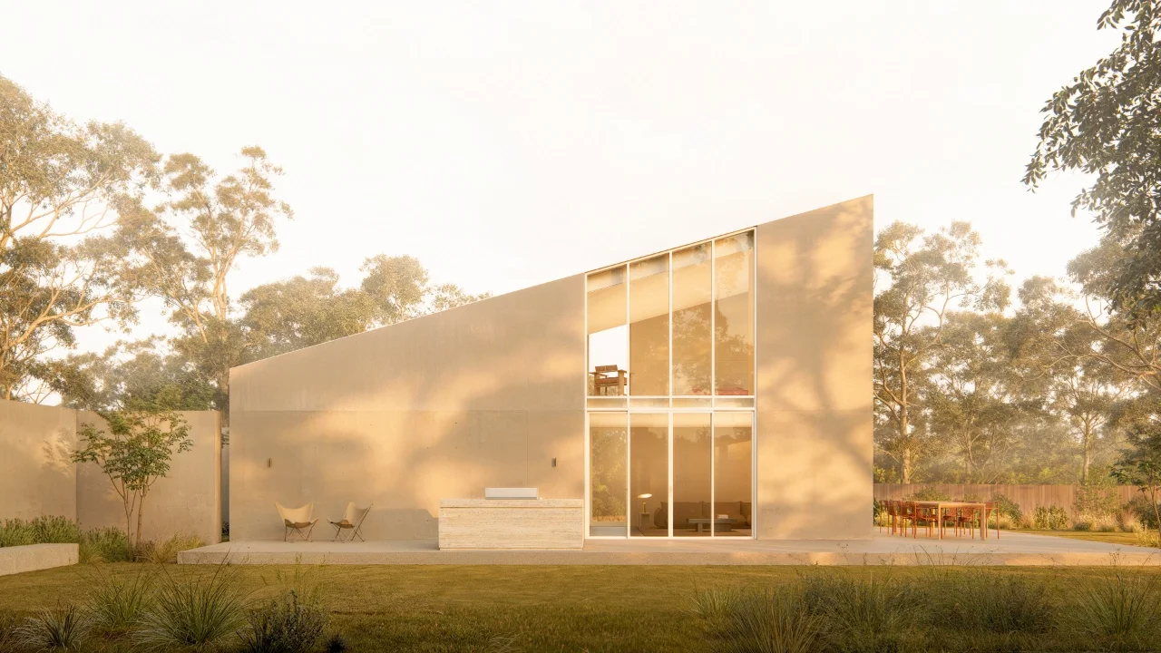 EHA Concrete Studio external view from garden, with entertaining terrace