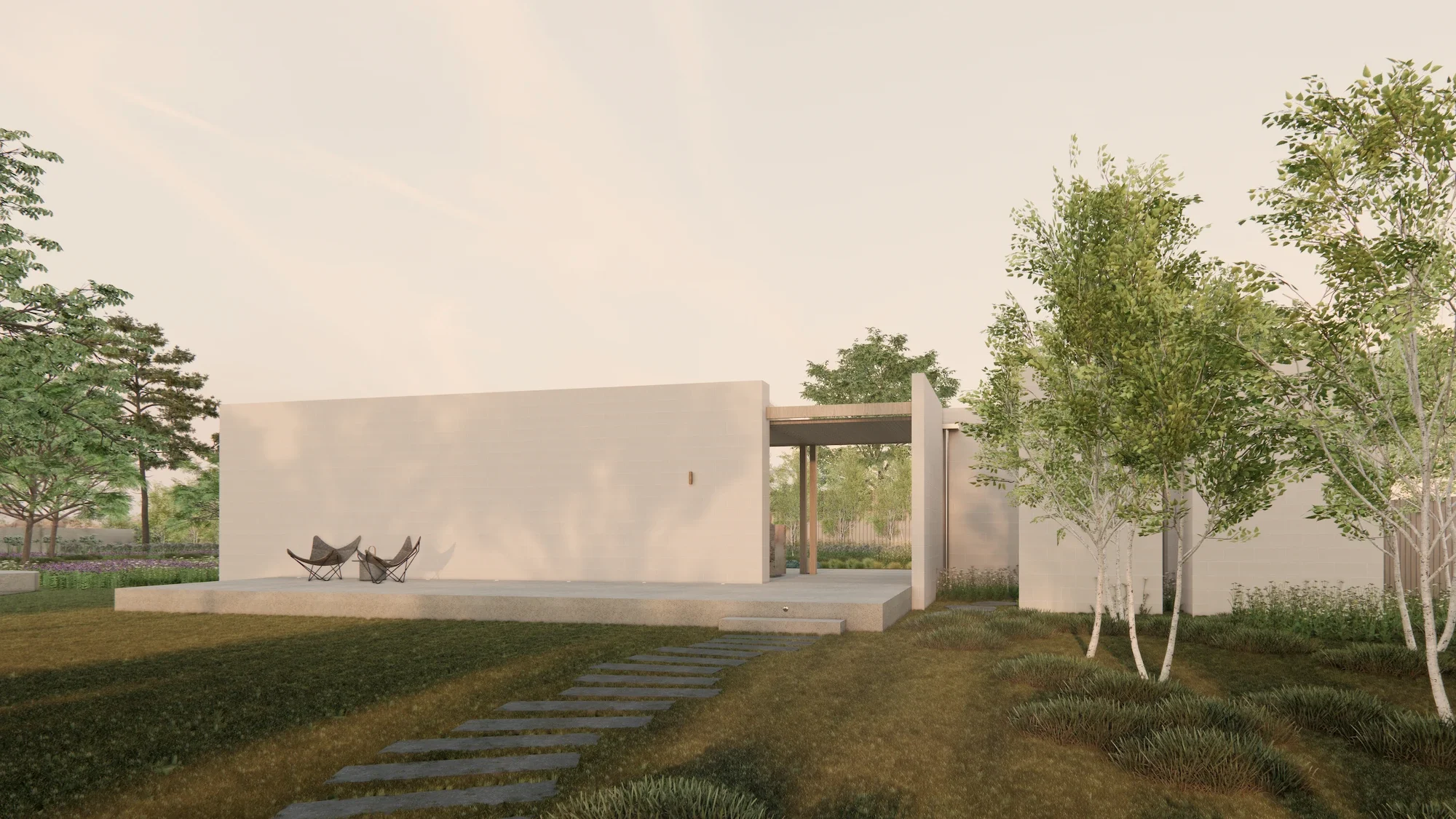 EHA Garden Pavilion western facade with entry portal and concrete terrace