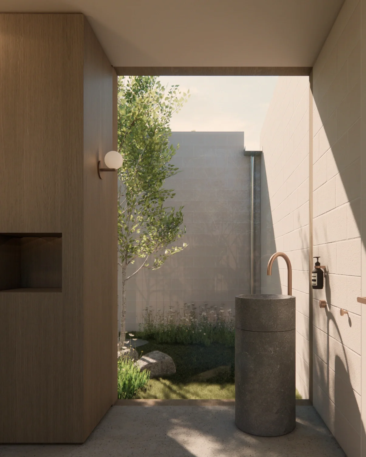 EHA Garden Pavilion powder room with stone pedestal basin, window to secluded courtyard