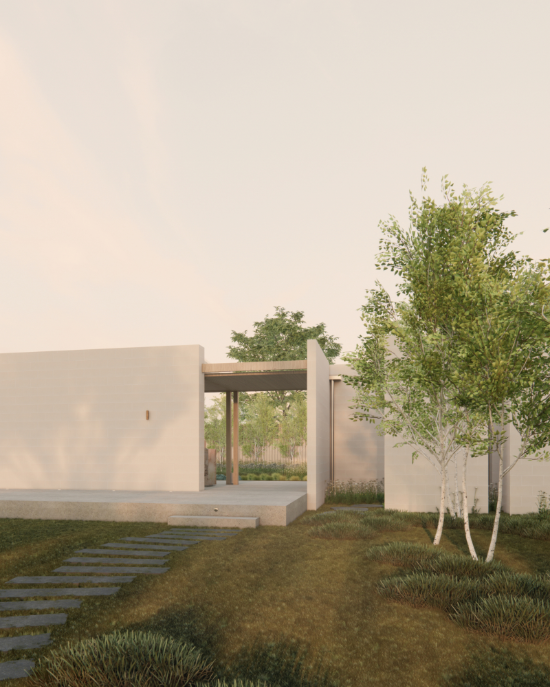 Garden pavilion entry framed by birch trees