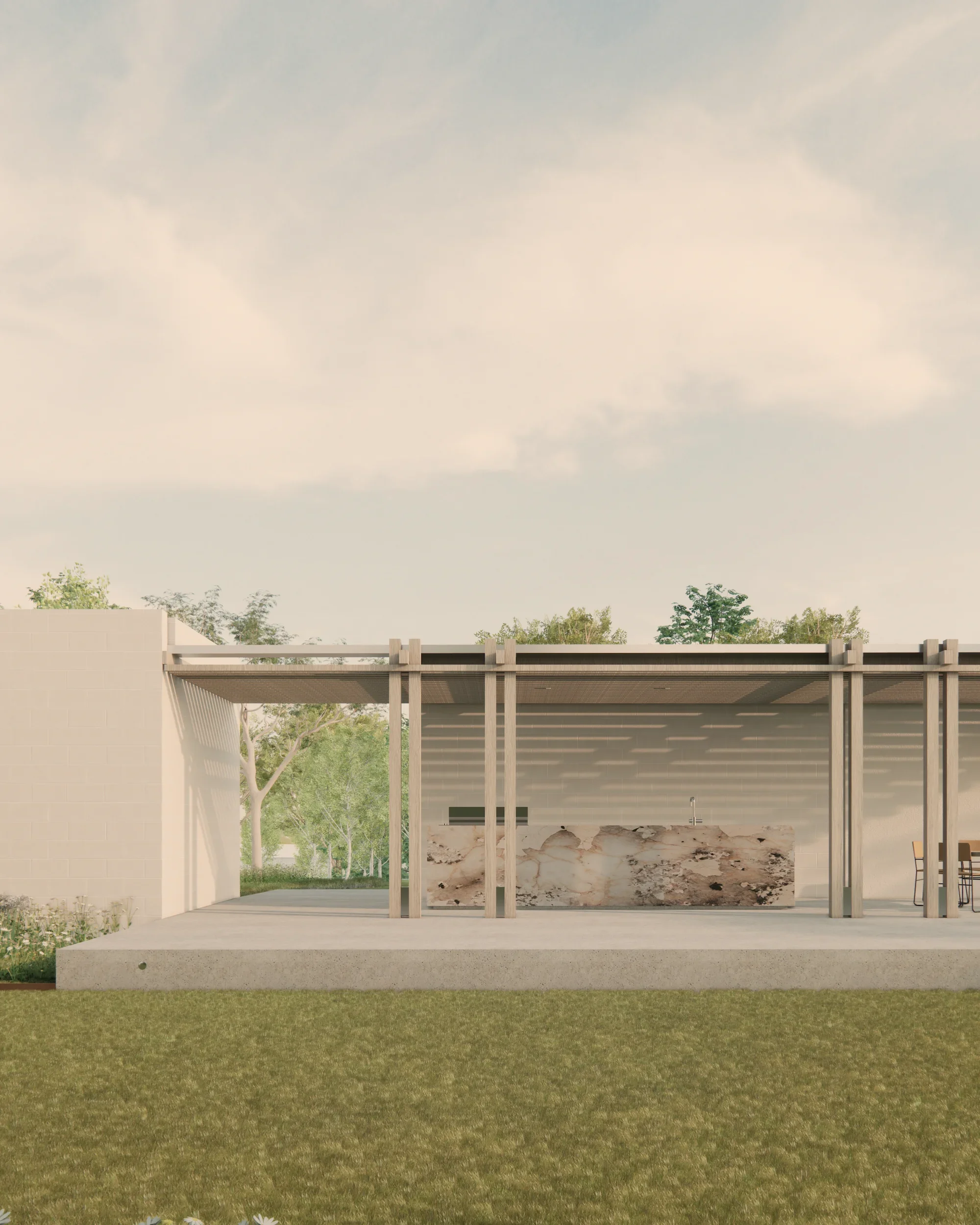 EHA Garden Pavilion - view from lawn to terrace and bbq