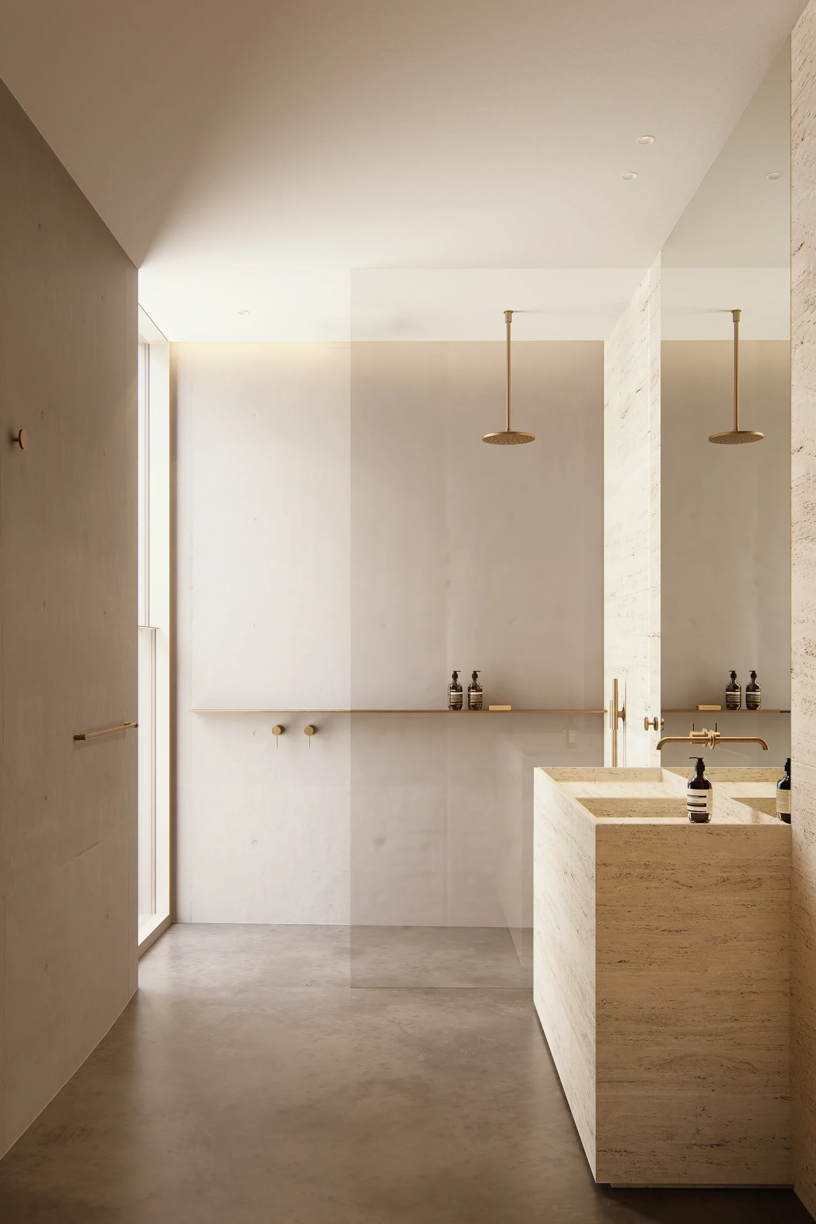 EHA Concrete Studio interior bathroom view, travertine vanity