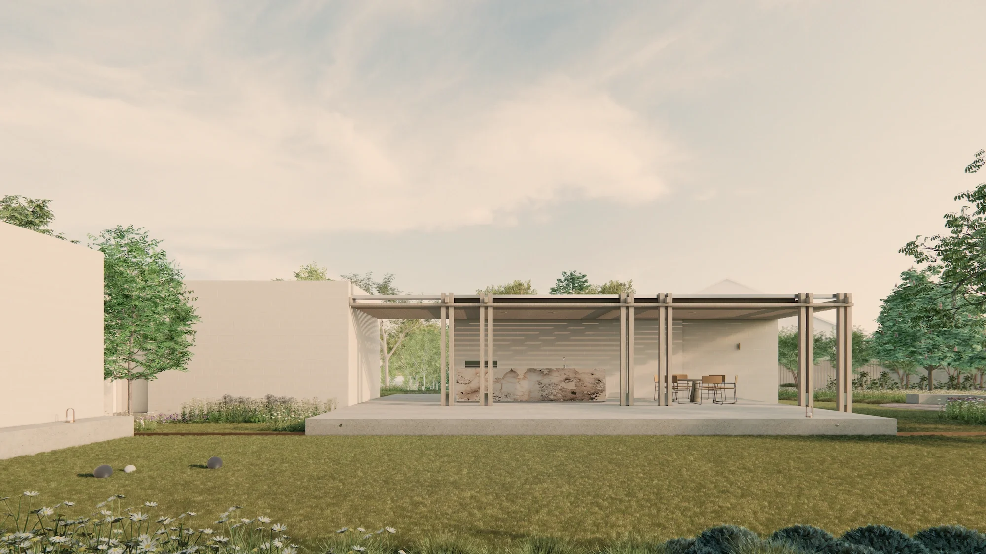 EHA Garden Pavilion eastern facade with entertaining terrace, lawn bowls, quartzite bbq and feature pergola