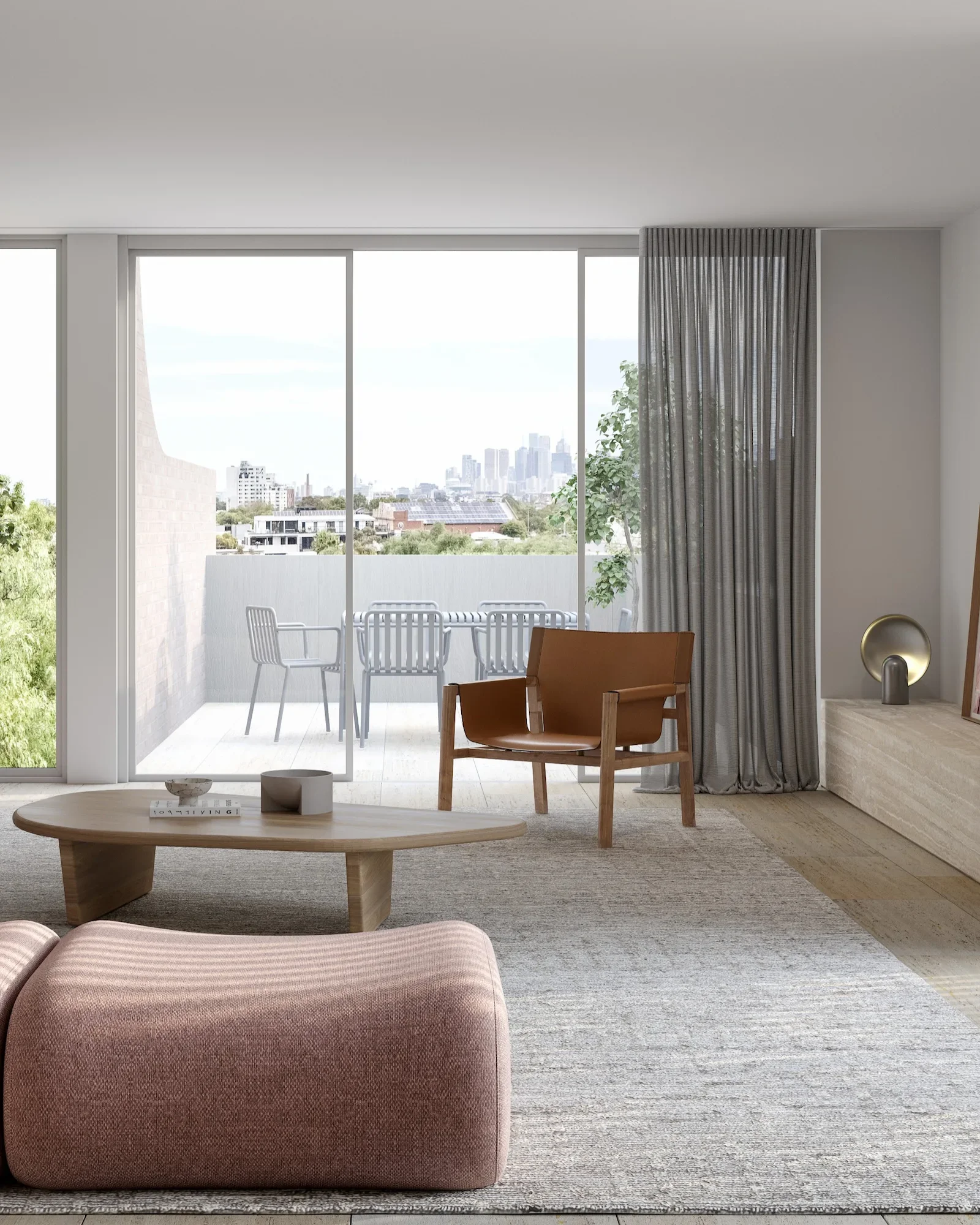 EHA Clarke St Terrace living room with city view beyond balcony