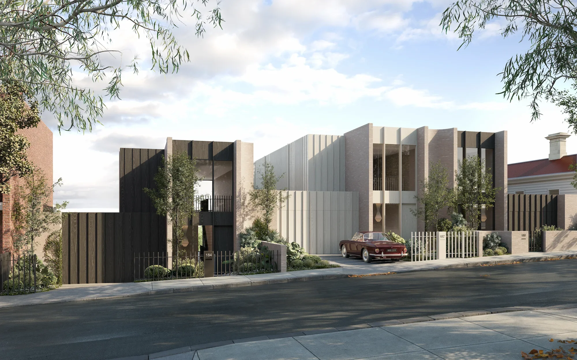 EHA Clarke St Terrace streetscape with three contemporary terrace houses in context
