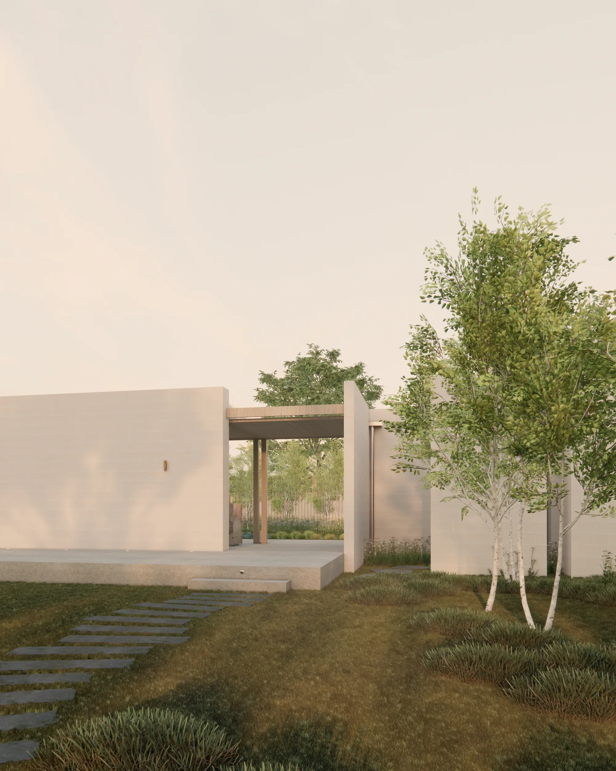 Garden pavilion entry framed by birch trees