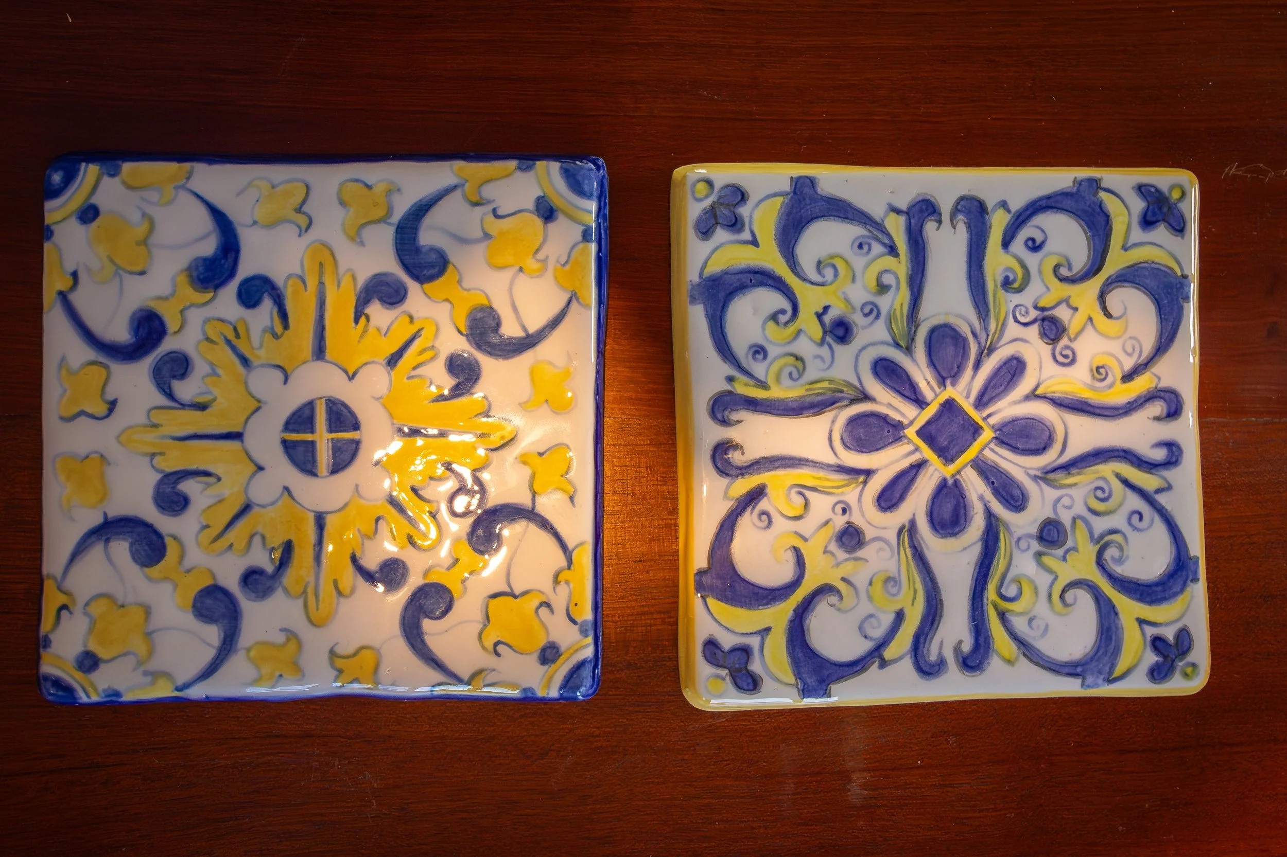 Portuguese handmade and hand painted ceramic tiles. (Set of two tiles)