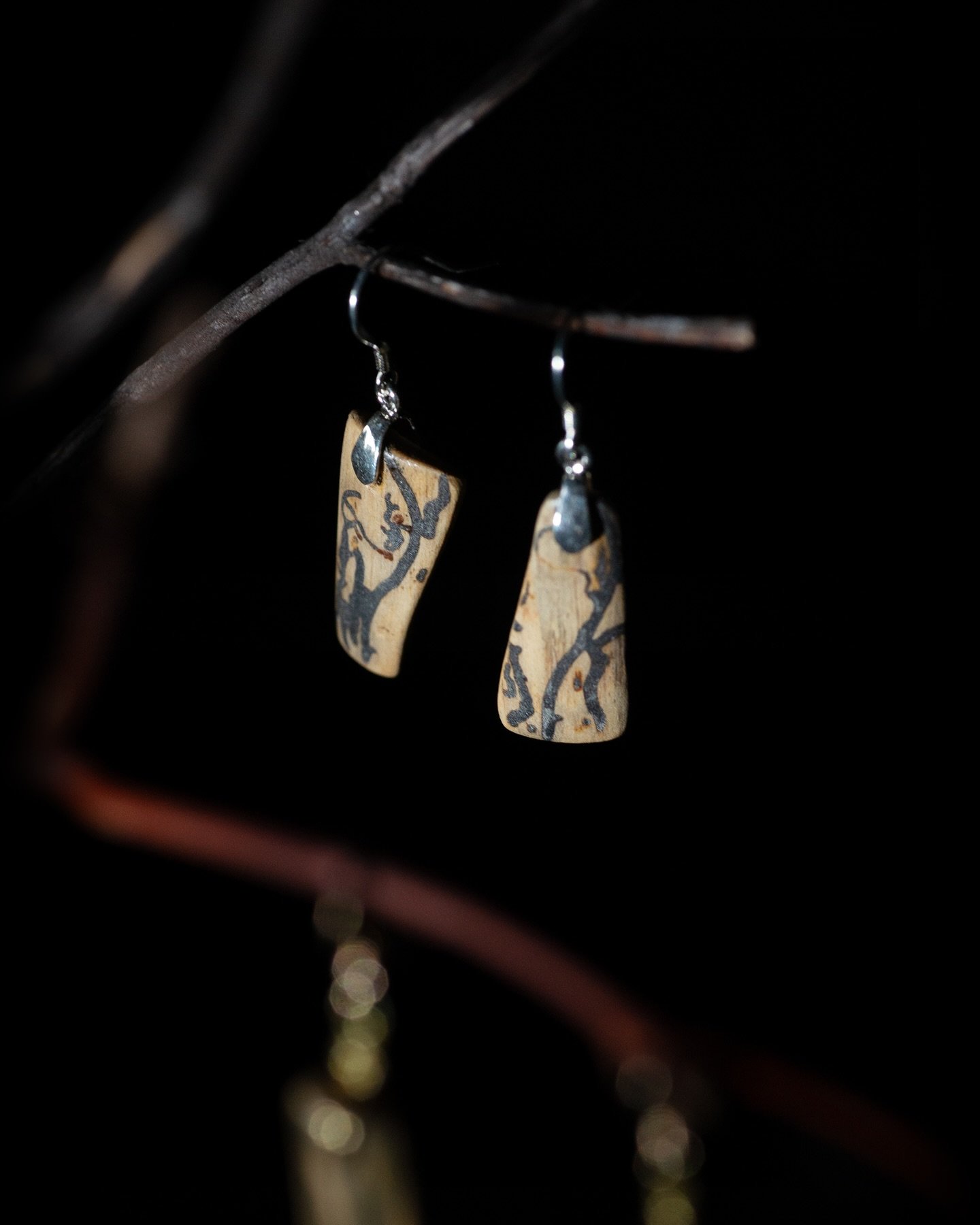 A pair of earrings cut from two halves of the same whole. 

This one was challenging due to the smaller peice of the original wood and the composition of the bark beetles tracks. Originally, I started off making this a single pendant, but wanted to p
