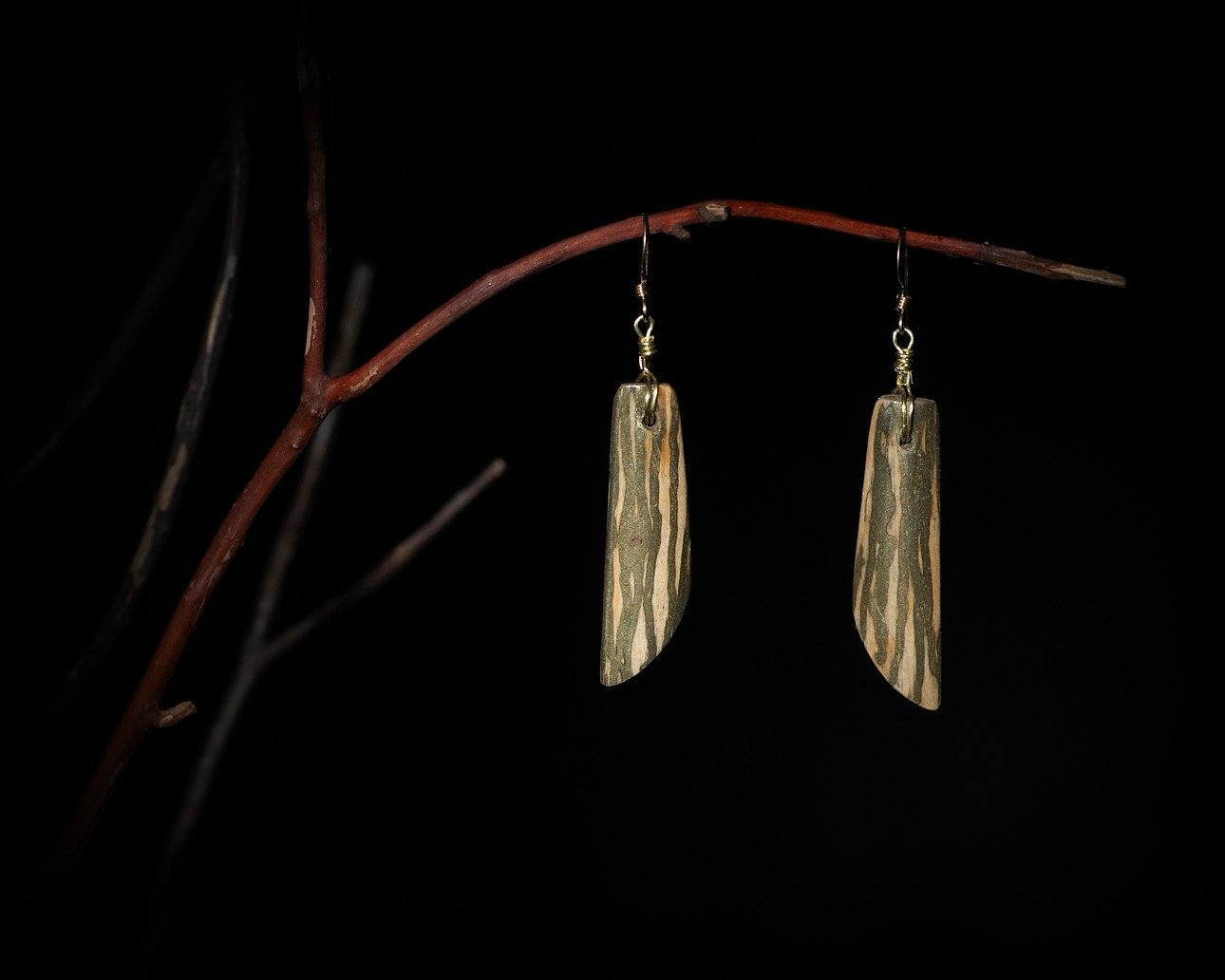 Another pair of earrings using brass powder.

Trying another shape profile. Don&rsquo;t recall whether if it was made from the same piece of wood. While planning a piece, a good amount of consideration is made into selecting pieces that have similar 